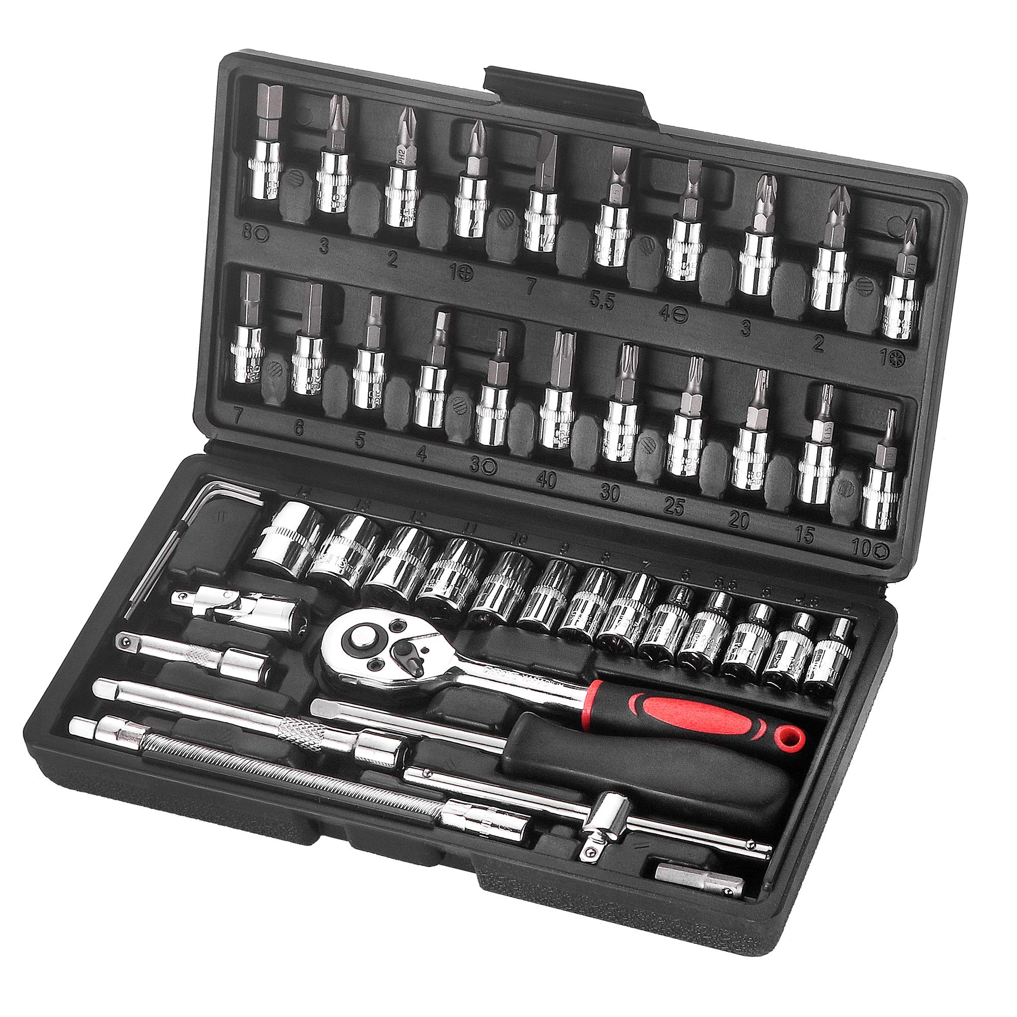 Wopeite 46 Piece Socket Wrench Set 1/4 Inch Drive Ratchet Set Chrome Vanadium Tools Set Cr-V Mechanic for Car, DIY and Repair