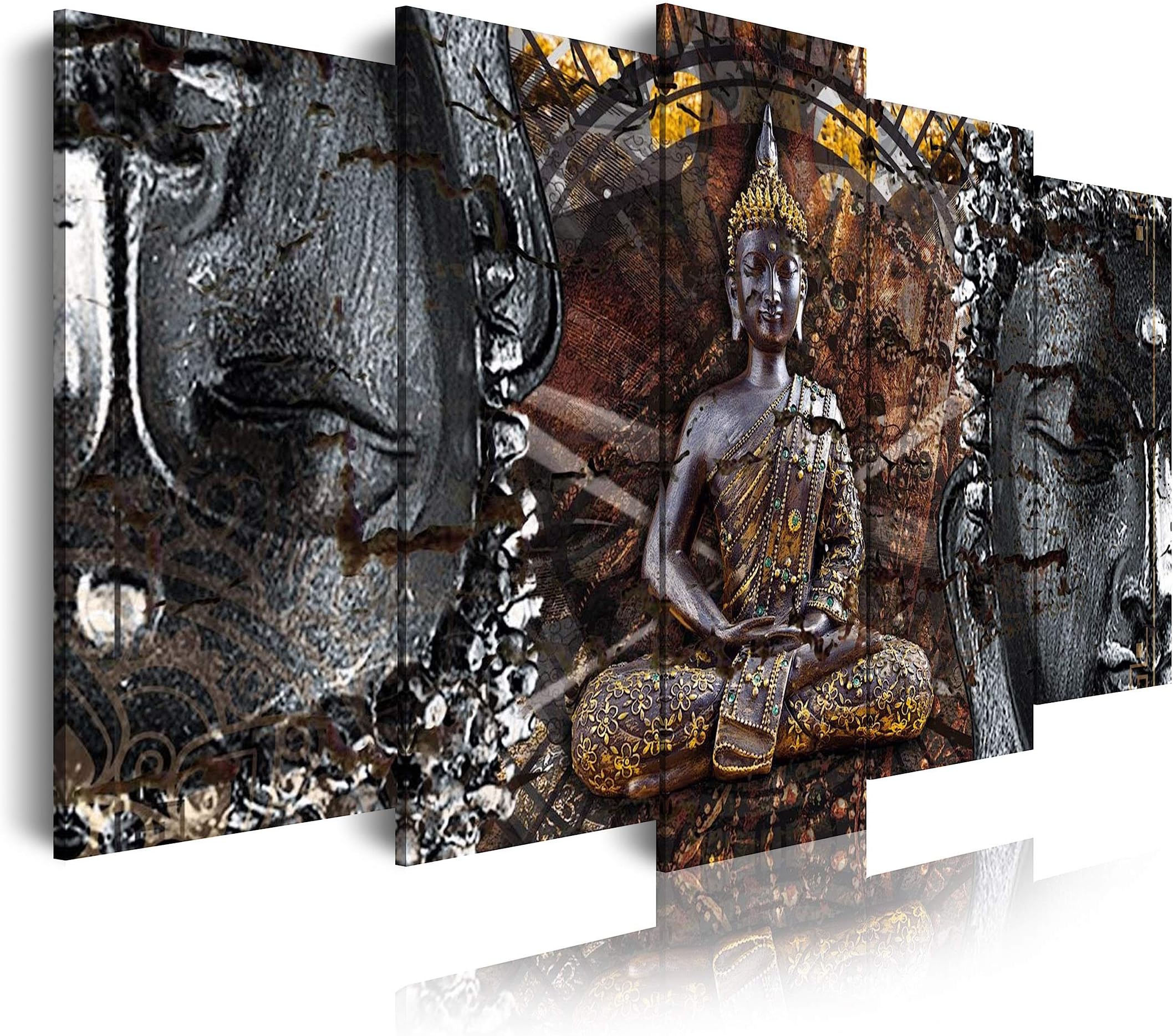 DekoArte 83 - Modern Picture, Digitised Art Print, Decorative Image for the Salon or the Dorm, Zen Style with Buddha Figure in Bronze Black and White, 5 Parts 150 x 80 cm