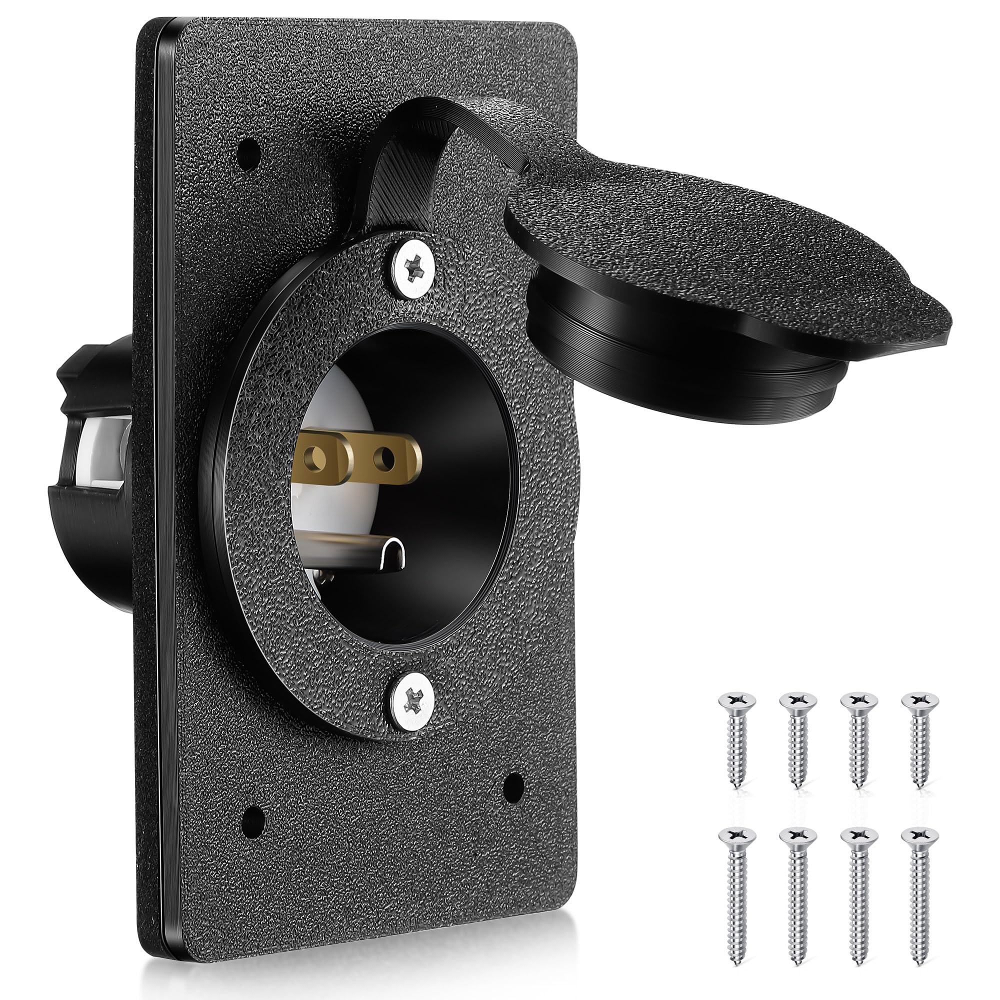 Photo 1 of 1 Pack 15 AMP Straight Blade Flanged Male Power Inlet Receptacle, 15 A, 125V NEMA 5-15P Integrated Nylon Faceplate Body and Rubber Waterproof Cover Electrical Outlet for home/car/boat/RV Inlet (Black)