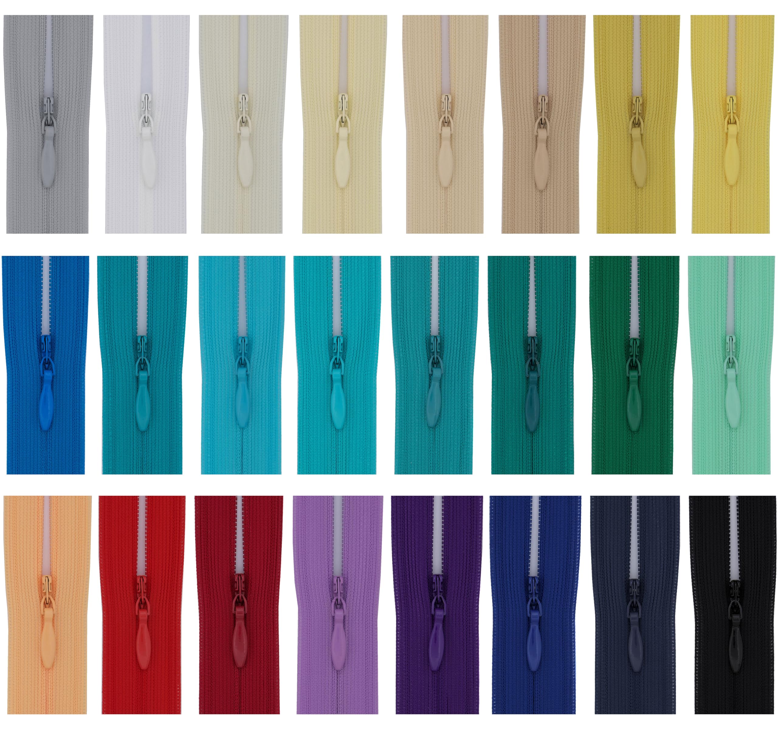 Invisible Zip (Pack of 24 zips), Suitable for Lightweight Fabric for Dressmaking (24 Colours -TG19, 9 inch)