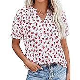 PRETTYGARDEN Summer Short Sleeve V Neck Shirts for Women 2026 Trendy Floral Print Loose Ruffle Tops Business Casual Blouses