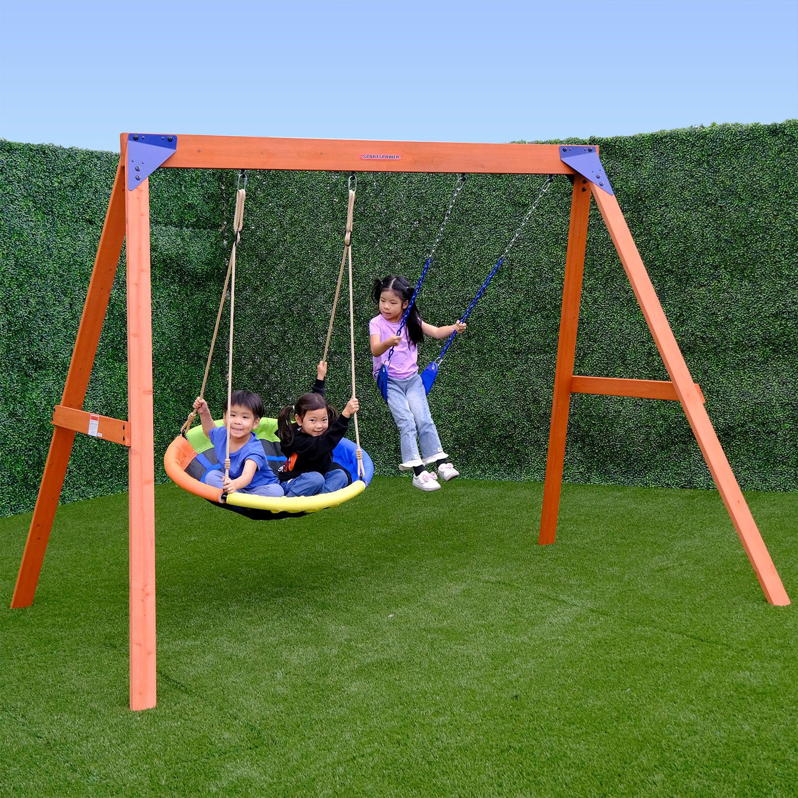 Photo 1 of Sportspower™ Wildwood Wooden Swing Set: 2 Height Adjustable Swings and 40" Saucer Swing, Backyard Outdoor Playset for Kids