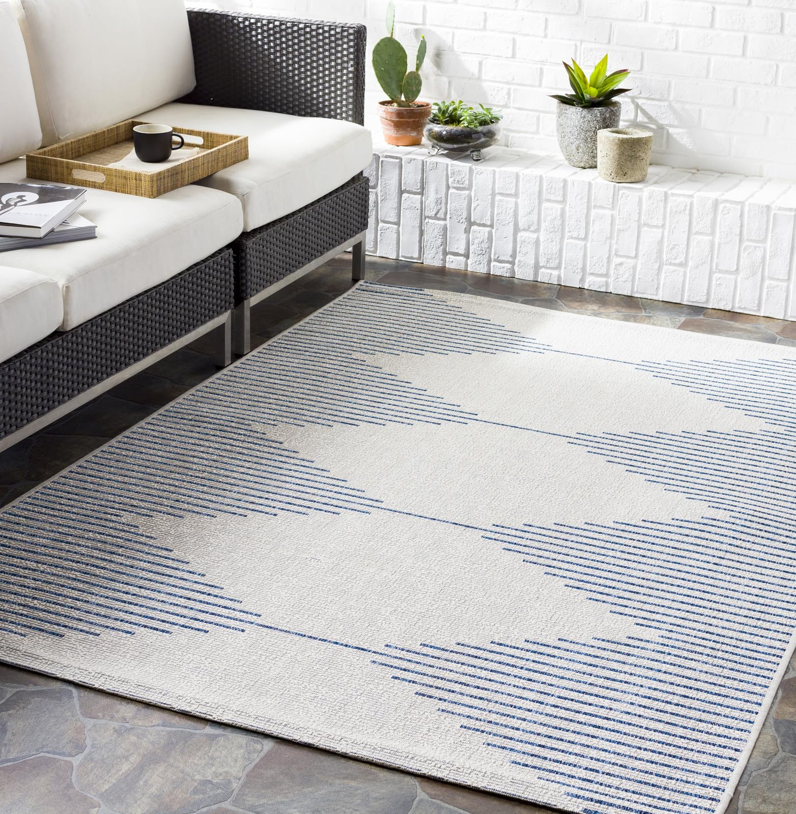 Livabliss Sevilla Indoor Outdoor Rug - Large Boho Rugs for Living Room 160x213 cm Dining, Kitchen Carpet, Patterned Neutral and Coloured Rugs, Waterproof, Stain Durable - Blue and Ivory