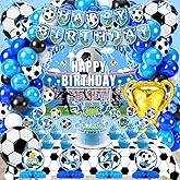 Soccer Birthday Party Decorations, 135PCS Blue Soccer Party Decorations Supplies with Latex Balloons Happy Birthday Banner Tablecloth Backdrop Cake Topper Honeycomb Sport Decorations Kit for Boys Men