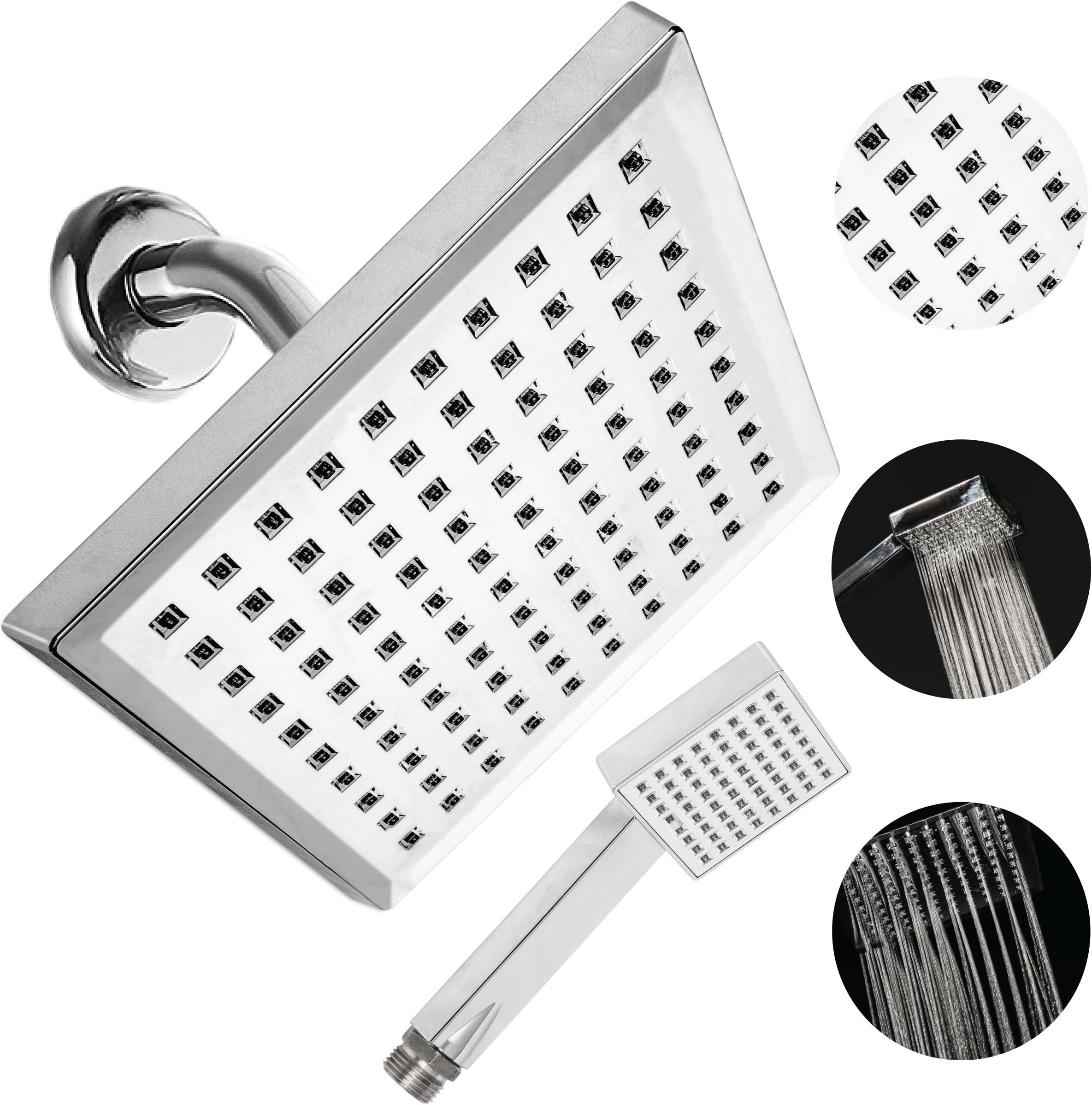 8 Inch Rainfall Square Shower Head with Handheld Shower Head by QUALwares - Made from Durable ABS Material with Chrome Finish- Consistently Strong Water Pressure and Soothing Shower Experience