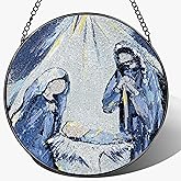 LAOWEIKI 8'' Stained Glass Nativity Scene Ornament, Stained Glass Window Hanging, Religious Holiday Ornament, Holy Family Decoration, Gift for Christmas, Religious Gifts, Christian Gifts