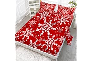 EDGZKO Sheet Set Christmas Snowflake: Twin Size Xmas White Snowflakes Red Bed Sheets for Kids Teen Girls Festival Decor 3PC Bedding Sets 1 Fitted Sheet & 1 Flat Sheet & 1 Pillowcase