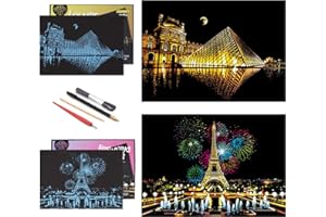 BOTEEN Scratch Rainbow Painting Art Paper,Scratch & Sketch Art for Kids & Adults,Scratch Painting Creative Gift Engraving Art & Craft Set,Sketch Pad DIY Scratchboard with 4 Tools,16''x11''(French Series)