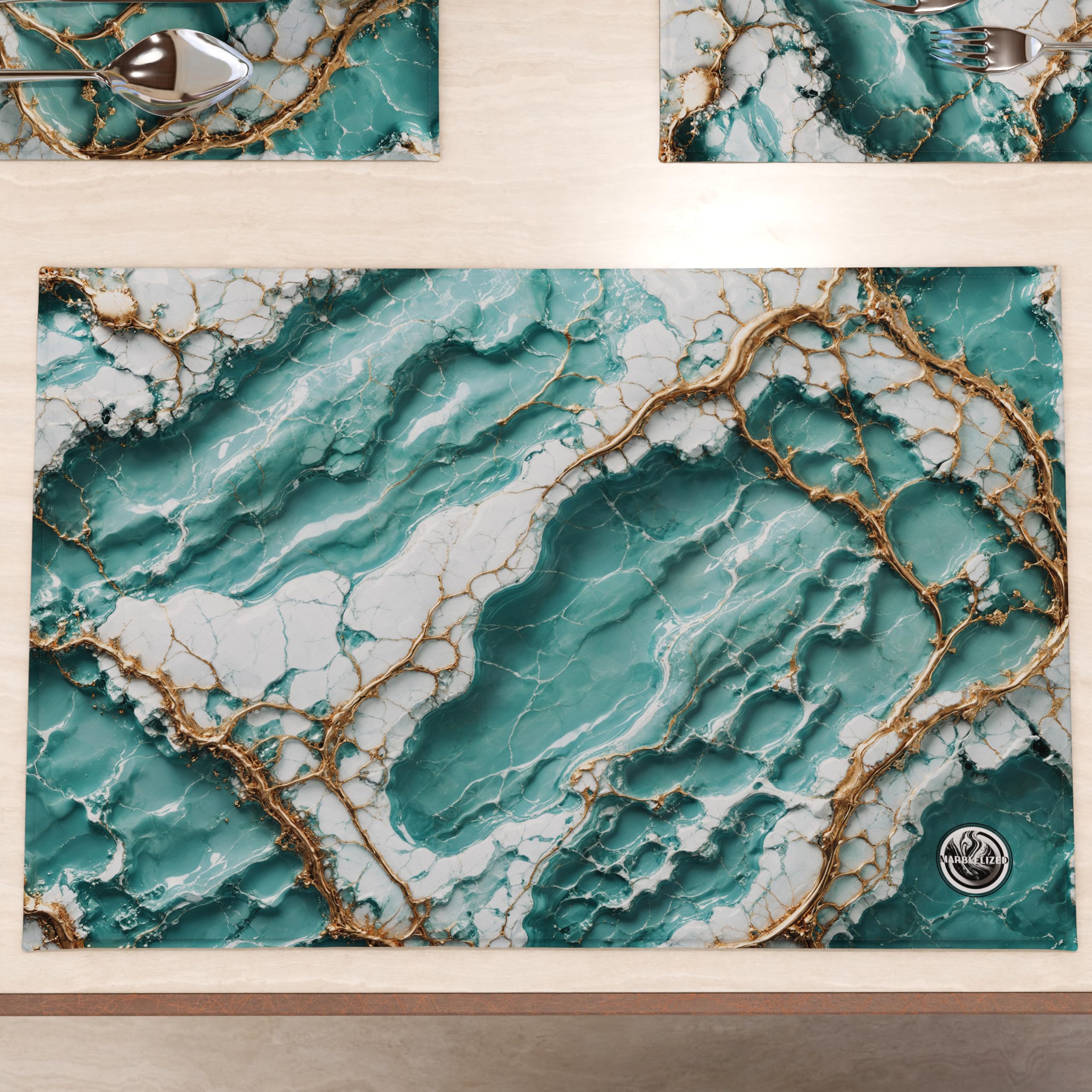 MARBLELIZED - Washable American Placemats, Blue Marble Effect Fabric Placemats, Set of 2 (30 x 45 cm) - Elegant, Ideal for Breakfast, Lunch and Dinner, Gift Idea, 100% Made in Italy โ image 1