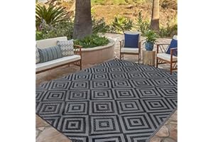 Ridota Reversible Mats, Patio Plastic Straw Modern Area Rug, Floor Mat for Outdoors, RV, Patio, Backyard, Deck, Picnic, Beach, Trailer, Camping (Diamond Black & Grey, 9' x 12')
