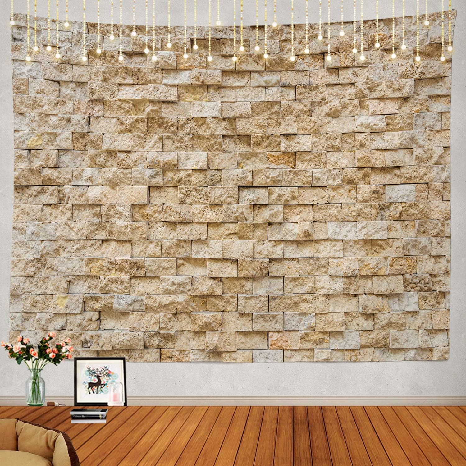 Shrahala Stone Brick Wall Hanging, Square Pattern Natural Stone Architecture Backdrop Tapestry for Bedroom Living Room Decorations (51.2 x 59.1 Inches)