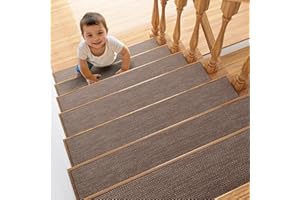 ZOMONETI 4pcs 8" x 30" Linen Non Slip Stair Carpet Treads for Wooden Steps Indoor, Machine Washable Stair Runners for Kids Elders and Pets, Stair Carpet Pads for Wood Stairs, Brown