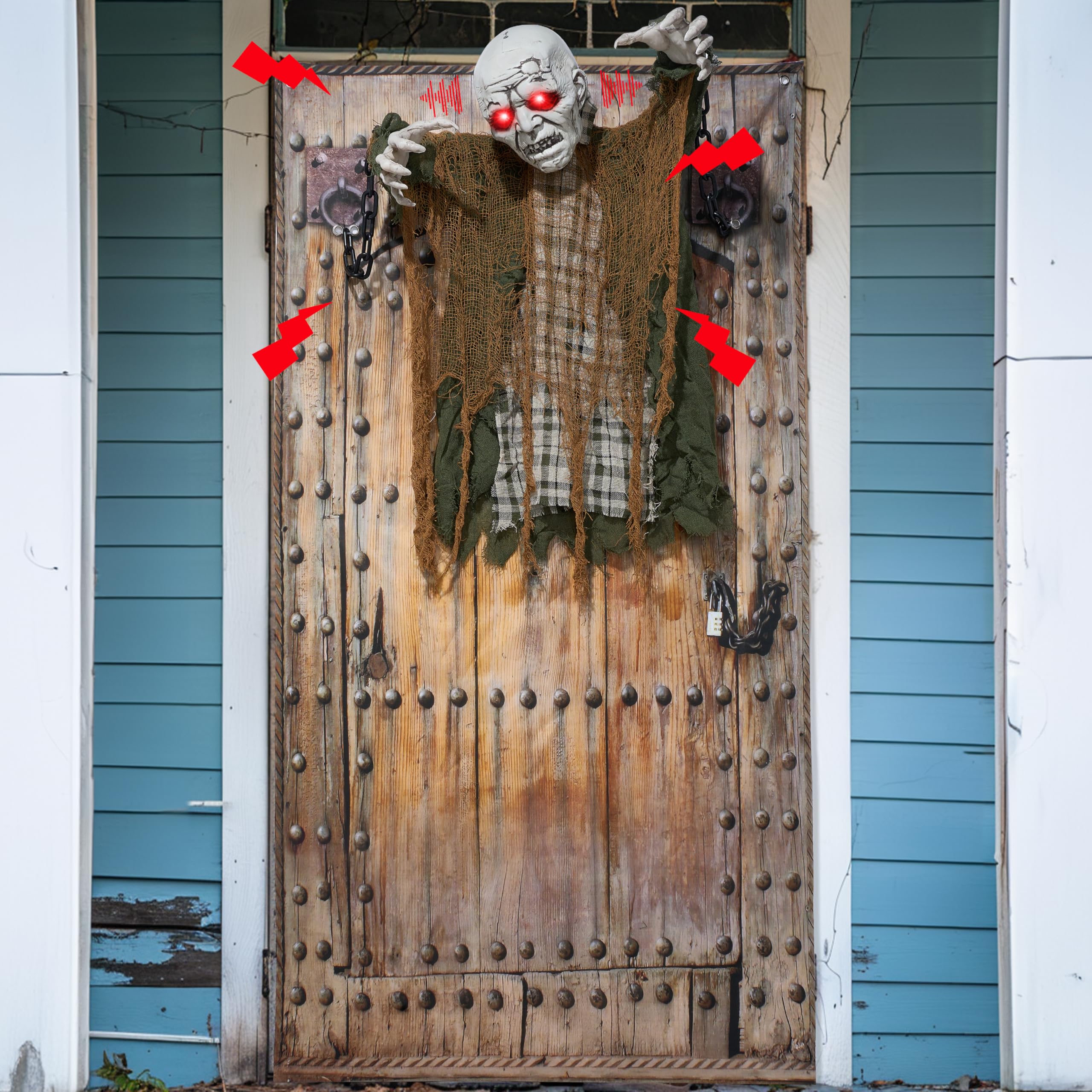 Photo 1 of JOYIN 30" Halloween Animatronics Decoration Outdoor Zombie Ghost, Halloween Hanging Ghost with Creepy Sound Animated Halloween Decors Zombie Door Cover Prop, Halloween Party Supplies for Lawn Garden