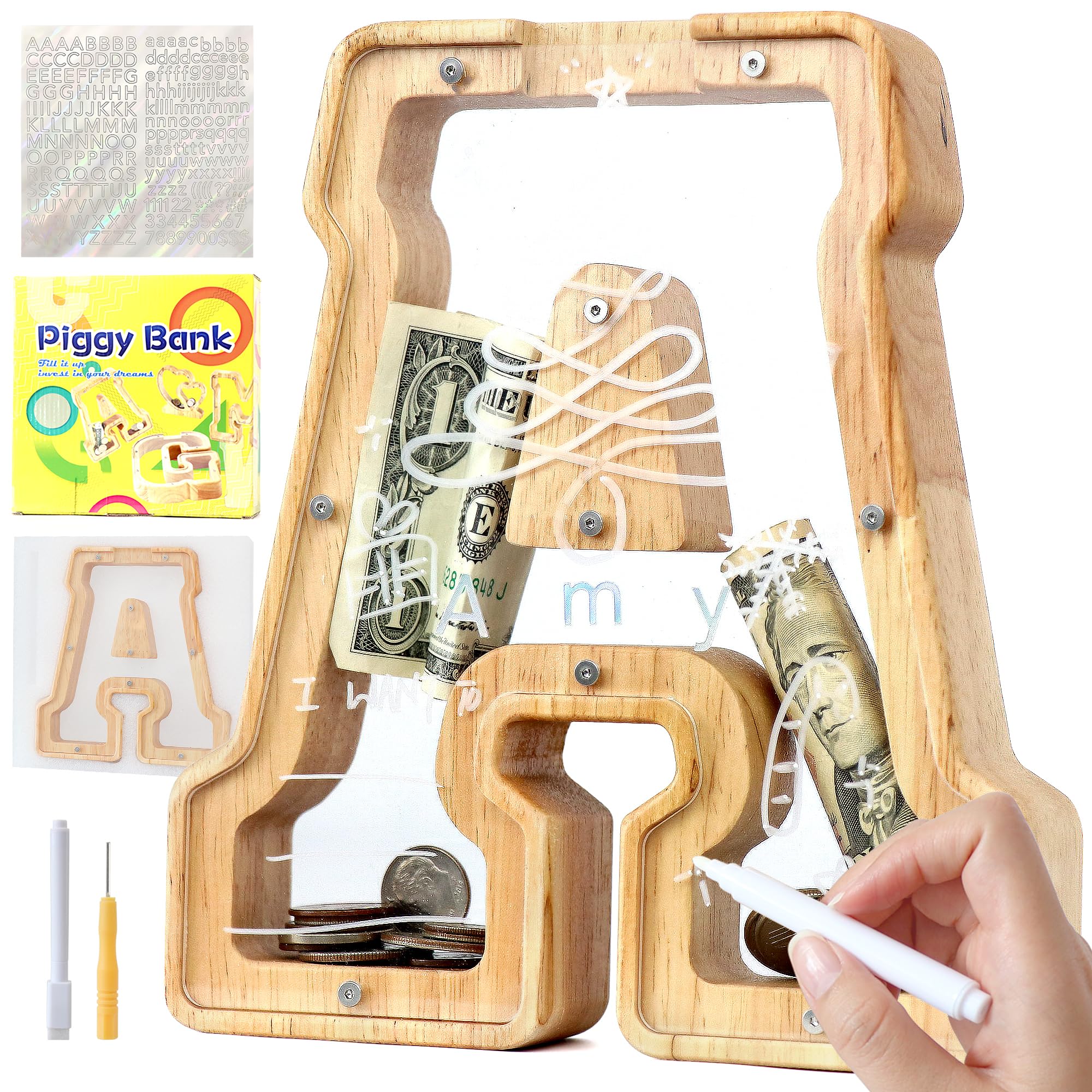 Mikytoper Letter Money Box for Kids Wooden Personalized A-Z Alphabet Piggy Bank Clear Money Bank Coin Bank for Gift Decoration Baptism (A)