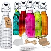 Nevlers 33 Oz Ringed Swing Top Glass Bottles with Lids 6 Pack | Clear Flip Top Glass Bottle with Stopper, Funnel, Brush, Shrink Wrap, Tags & Marker | Large Beer or Wine Bottle Set | Syrup Bottles