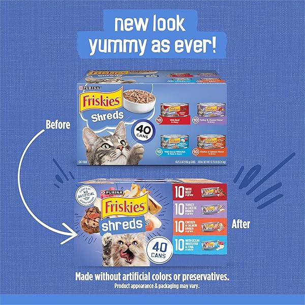 PURINA FRISKIES WET CAT FOOD VARIETY PACK, SHREDS WITH BEEF, TURKEY AND CHEESE DINNER, CHICKEN AND SALMON DINNER, AND WITH OCEAN WHITEFISH AND TUNA – (PACK OF 40) 5.5 OZ. CANS