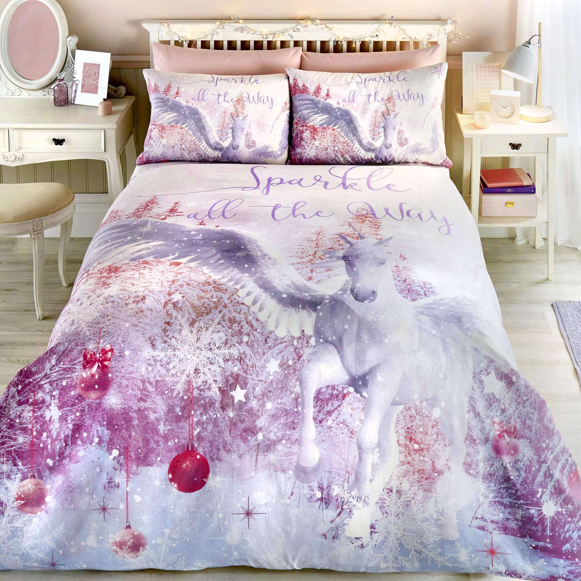 Bedlam Christmas - Sparkle Unicorn - Easy Care Duvet Cover Set | Double Bed Size | Pink Bedding