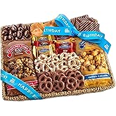 A Gift Inside Birthday Gift Basket with Happy Birthday Ribbon - Gourmet Chocolate Gift Basket with Sweet Treats, Pretzels, Ghirardelli and Chocolate-covered Nuts
