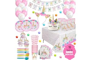 ECOZEN LIFESTYLE ecoZen Purple Unicorn Birthday Party Decorations - Magical Horse Themed Supplies for 16 Guests, Includes Plates, Cups, Napkins, Banner, Cutlery, Balloons, Tablecloth, Straws, Toppers