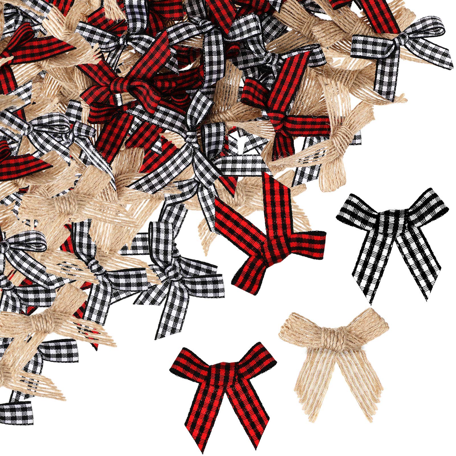 Photo 1 of WILLBOND 60 Pcs Small Mini Christmas Buffalo Plaid Bows for Crafts Red and Black Checkered Buffalo Plaid Gingham Ribbon Bow Winter Christmas Ornament Burlap Gingham Decor for Xmas Sewing DIY Craft