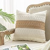 Mayler Yee Throw Pillow Covers 1PC for Farmhouse Living Room, Cotton Causes The Size to be Smaller, 18x18 Inch / 45x45cm, Textured Striped Woven Boho Pillow Covers (Beige & Brown, Single Striped)