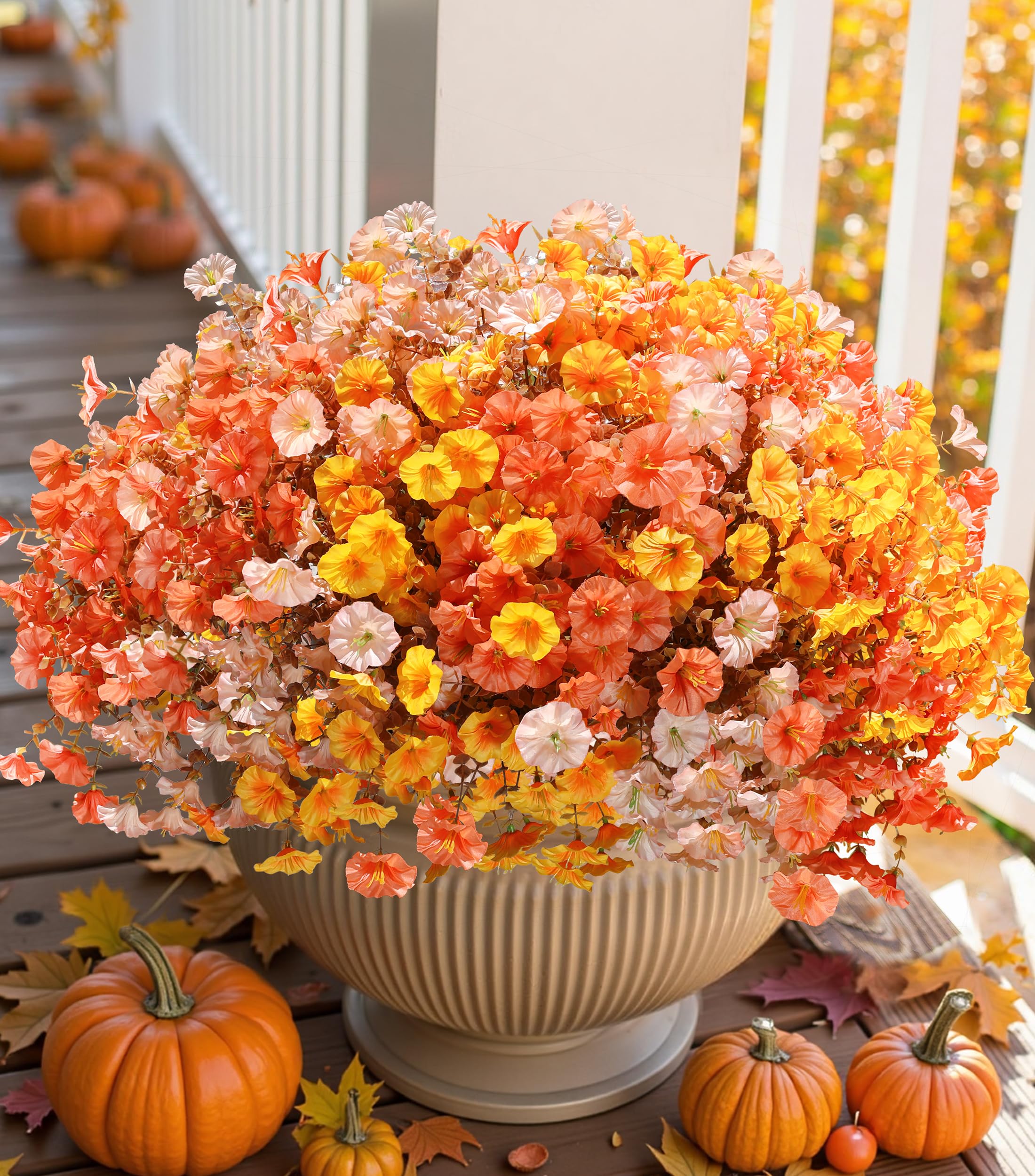 Photo 1 of   pack of 2 Artificial Mums for Outdoors Fake Fall Flowers Plants for Autumn Decoration, 12 Bundles Silk Morning Glory with Eucalyptus Look Real UV Resistant Faux Mums for Outside Planters Yard Patio Porch, Mix