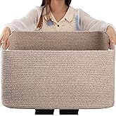 OIAHOMY 75L Large Woven Cotton Rope Storage Basket with Handle for Organizing Blanket and Toys for Living Room, Nursery, Brown Variegated 22”x17”x12”
