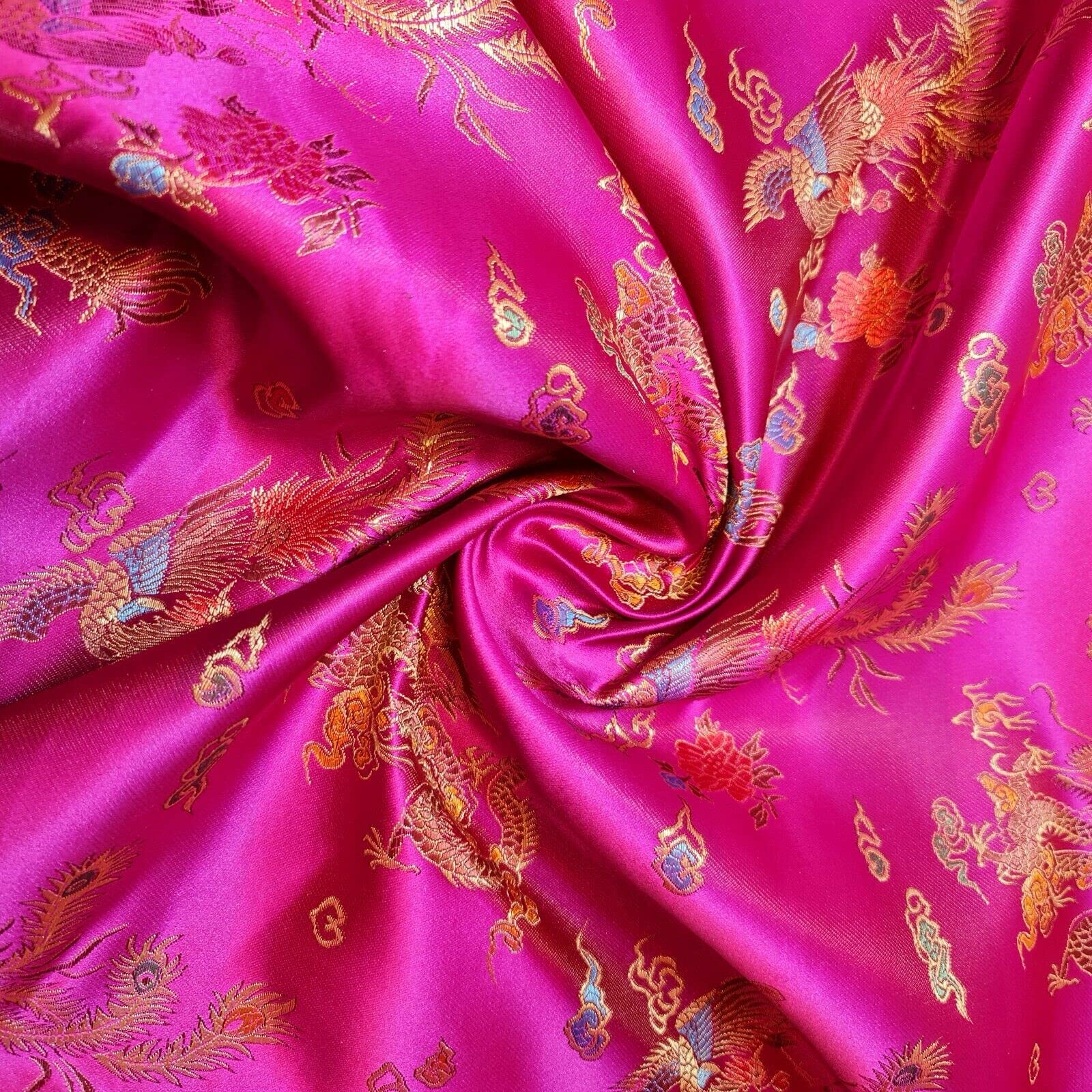 Oriental Dragon Print Traditional Chinese Embroidered Brocade/Poly Silk Satin Premium Quality Dress Craft Fabric Material 36" - 100cm Wide Sold As 1 Meter Pre - Cut Lengths (Hot Pink)