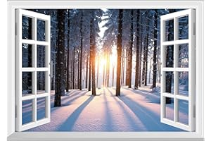 FLFK Fake Window Wall Mural - Forest Snow Faux Window Wall Sticker for Wall Decor, Stick and Peel Wall Decals,48"x32",Set of 2 Sheets