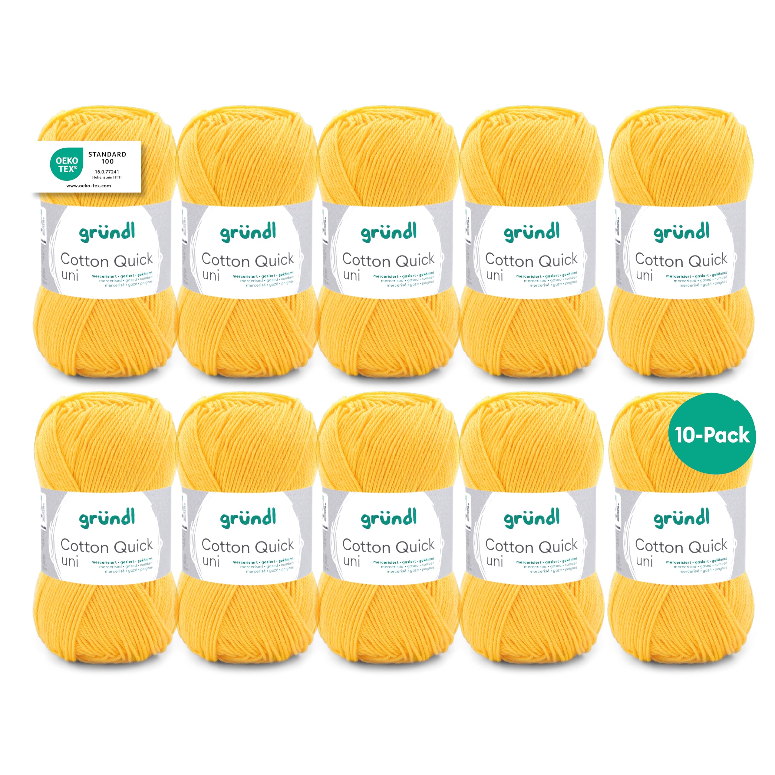 Gründl Cotton Quick Uni knitting/crochet yarn, 10 balls à 50 g (colourful yarn made of 100% cotton, OEKO-TEX certified, 50 g / 125 m, needle size: 3-4, 10 x 50 g), maize yellow