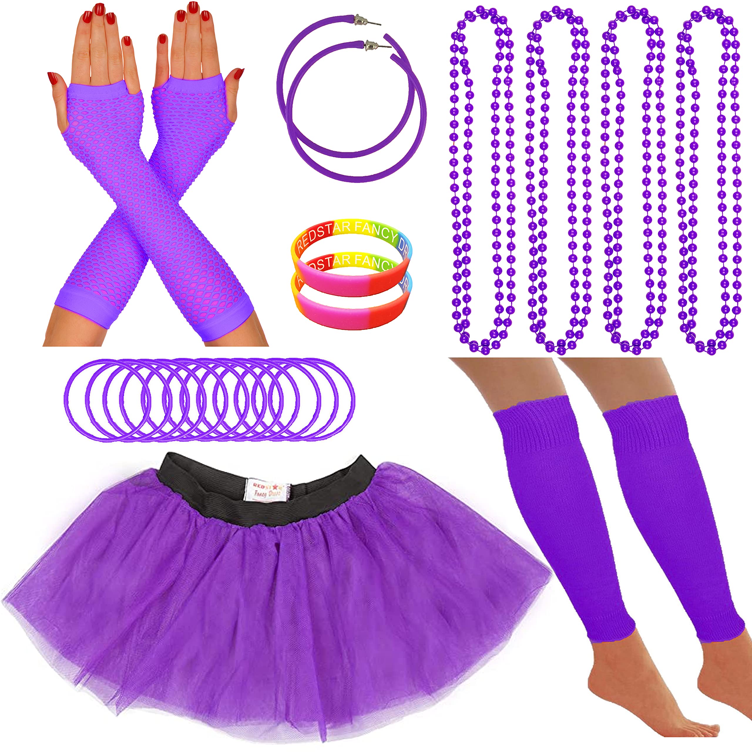 80s Fancy Dress Neon Accessories Tutu Party Costume, Adult Leg Warmers, Fishnet Gloves, 1980s Style Necklace Beads, Neon Hoop Earrings, Gummy Bracelets Womens Hen Party Rave Outfit (Purple)