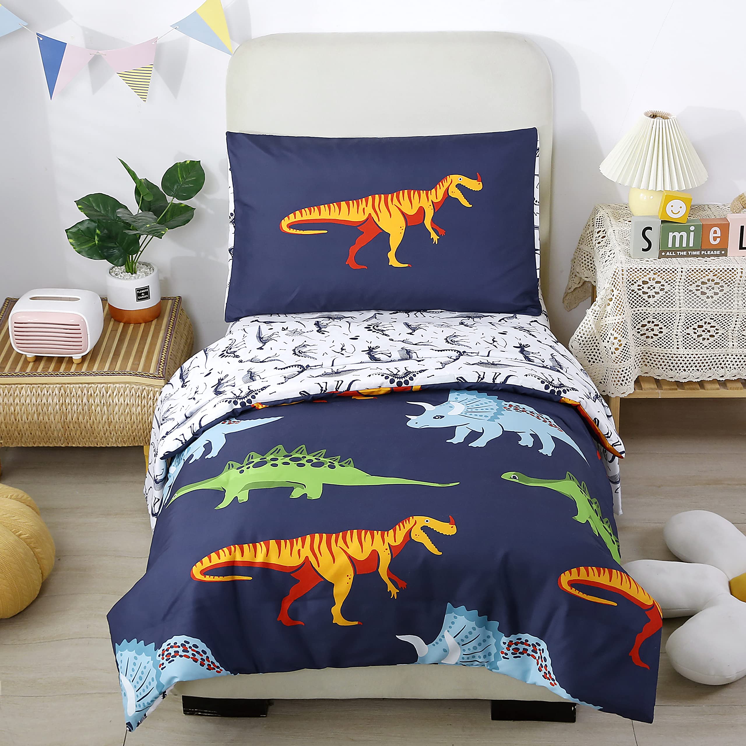 STYHO Dinosaur Print Duvet Cover Set Double Size Cartoon Animal Pattern Comforter Cover Reversible Design Dark Blue Bedding Set for Boys Kids Children Matching Pillowcases(Dark Blue, Double)