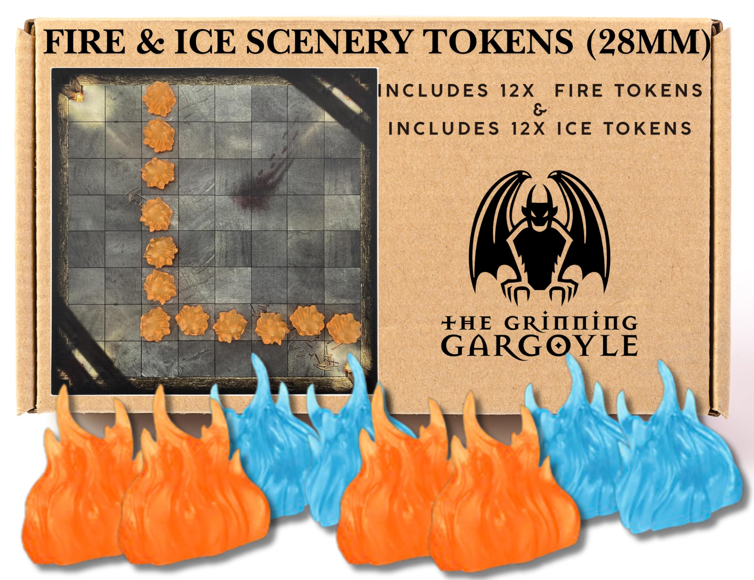 Flame and Frost Markers for Table Top Games - 12 x Wall of Fire Tokens and 12 x Wall of Ice DnD Tokens - Coloured Plastic DnD Accessories Perfect for DnD terrain Spell Effects - Grinning Gargoyle
