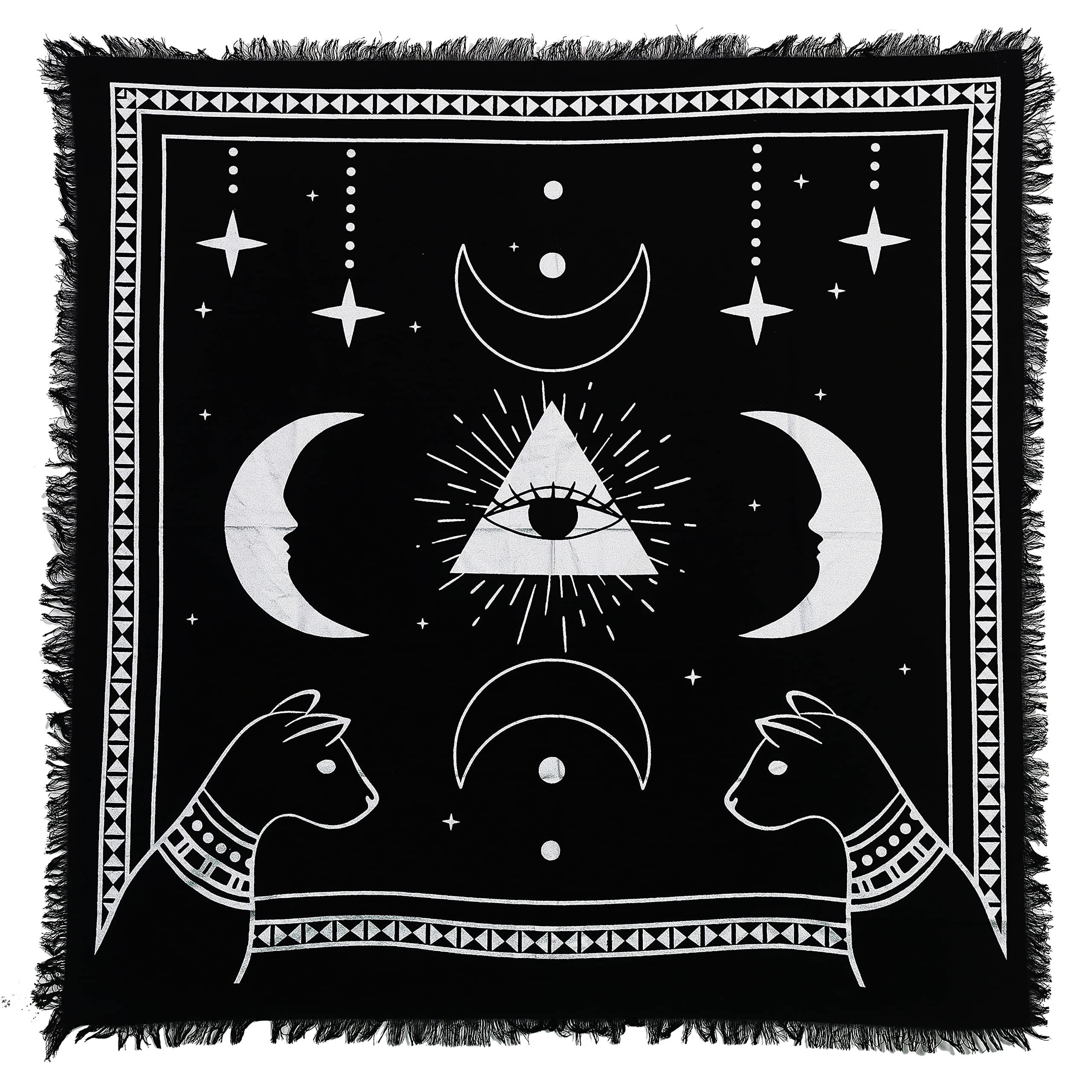 Indian Consigners Wiccan Altar Cloth – White Celestial Moon Phase & Cat Design – Spiritual Table Cover for Tarot Reading, Witch Altar, or Wall Hanging (61x61cm) — image 1