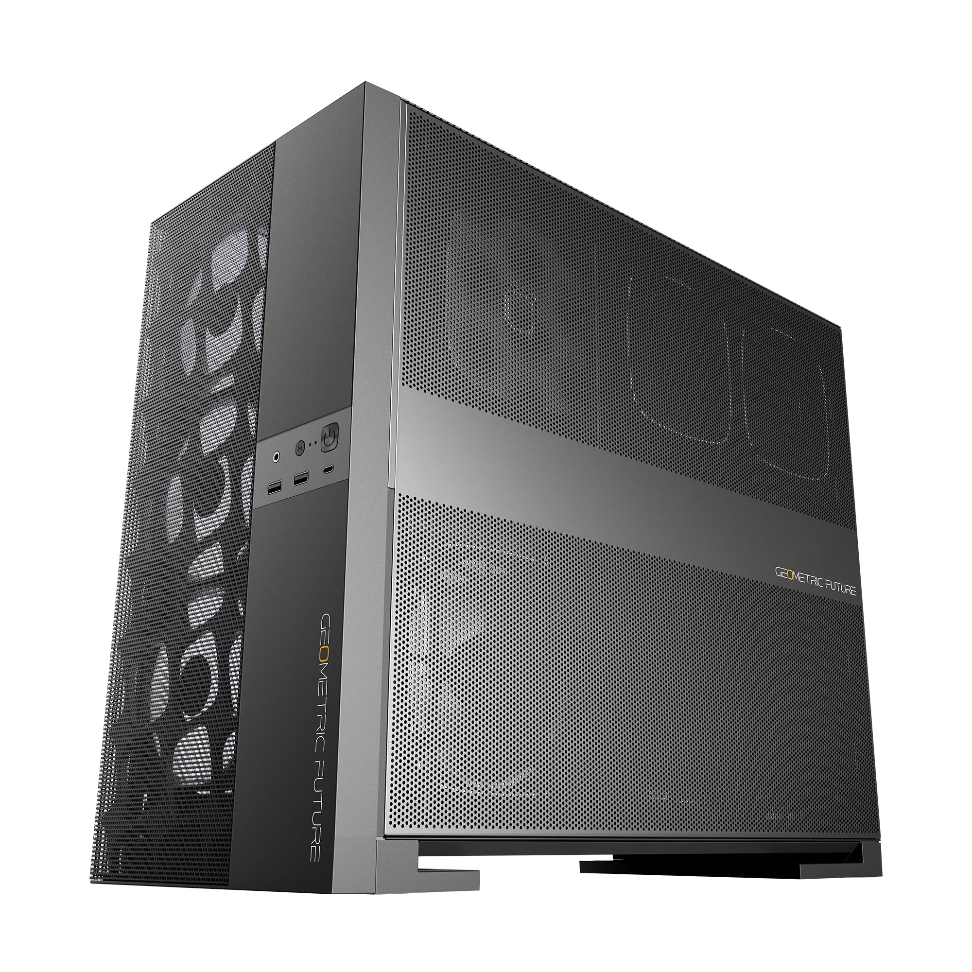 M5 Vent Mesh Panel Tempered Glass Mid Tower, E-ATX/ATX Gaming Case, High Airflow, 1.2mm Steel, Type C, Support 420/360 Radiator, ARGB PWM 140m fan x 5 Pre-Installed, Black, GEO-M5VF-B