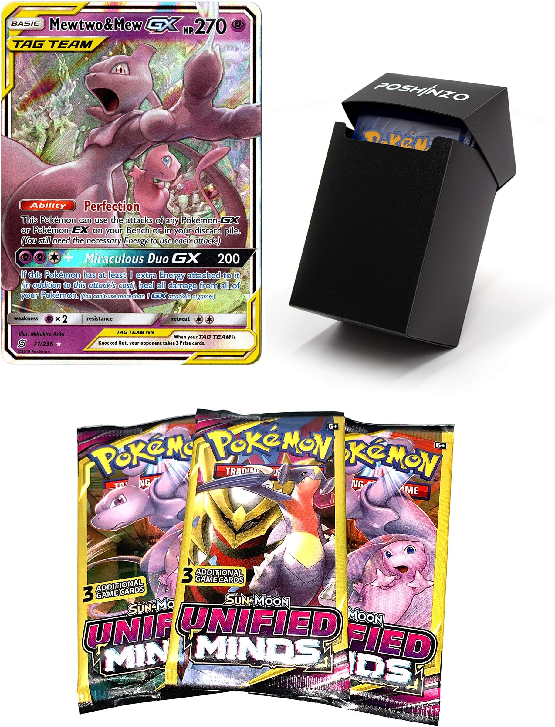 1 Pokemon GX Card with 3 3-Card Pokemon Booster Packs Plus Poshinzo Card Box