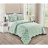 Grand Linen 3-Piece California Cal King Size Wave Edge Oversized Quilt Set 120 inch X 106 inch All Season Bedspread, Pillow Shams Lightweight Soft Coverlet Blue White Sage Green Colors Paisley Pattern
