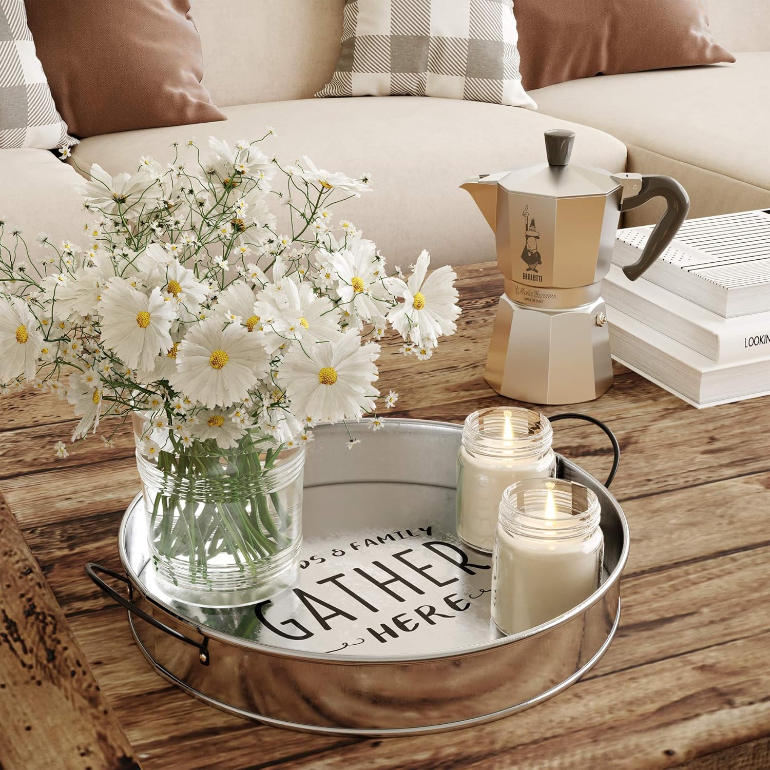 Barnyard Designs Decorative Farmhouse Round Metal Tray with Handle, Serving Tray for Coffee Table, Rustic Ottoman Decor, Silver, Small, 12”: Kitchen & Dining