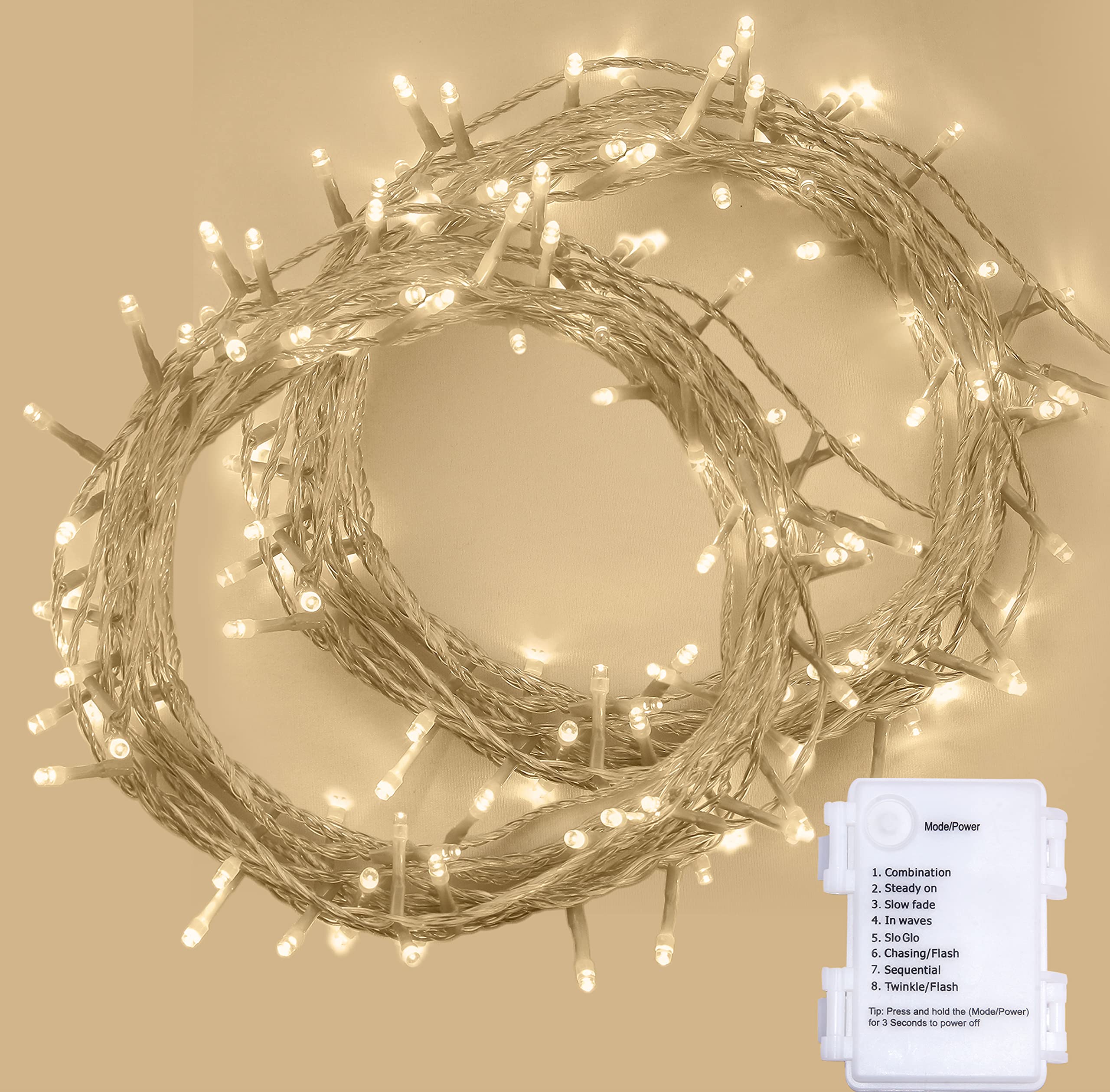 ANSIO Christmas Lights Timer Indoor Outdoor Fairy Lights Festive Wedding Bedroom Novelty Decorations Tree String Lights Battery Powered (50 LED Warm White Clear Cable - 2 Pack)