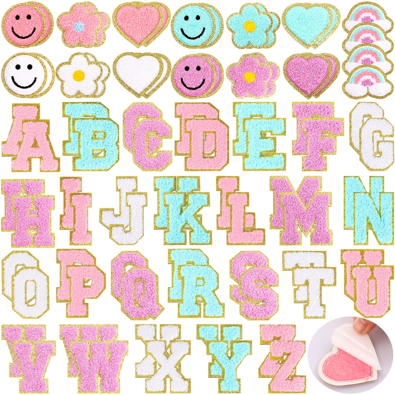 Photo 1 of Hanaive 80 Pcs Chenille Letter Patches Self Adhesive Iron on Patch 3D Cute Embroidered Rainbow Smile Face Heart Applique Sewing Badges Patch for Fabric Clothing Jacket DIY(Pastel Rainbow,Letters)