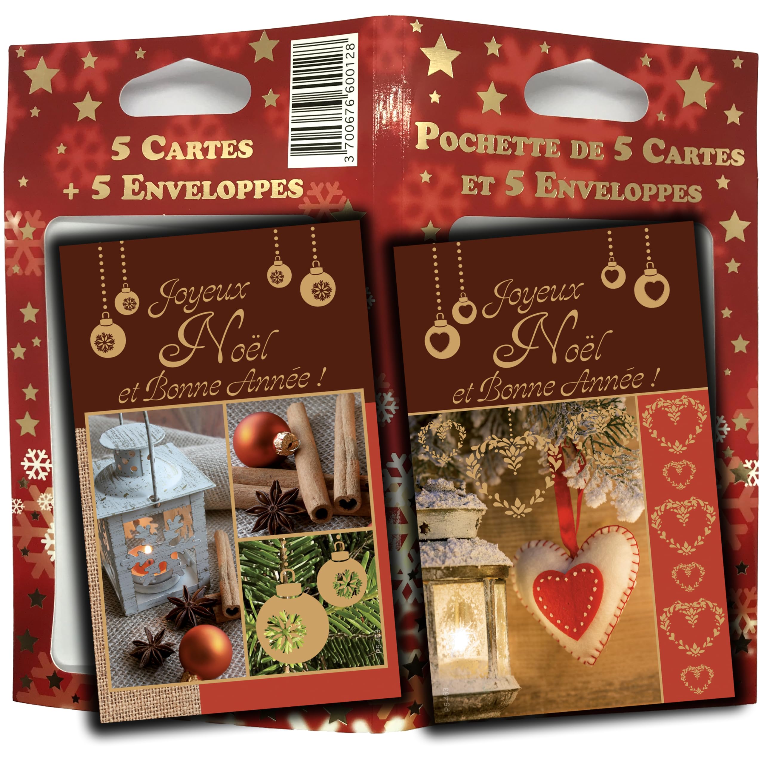 Pack of 5 Assorted Gold Merry Christmas and Happy New Year Cards 8.5 x 13.5 cm + 5 White Envelopes 9 x 14 cm to Present Your Greetings and Wish Happy Holidays Lanterns P5-463