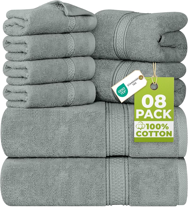 Utopia Towels 8 Piece Set Cotton Hotel Quality Bath Hand Washcloths Cool Grey