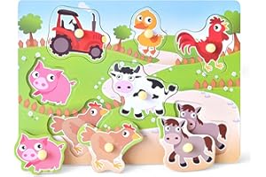 Z MAYABBO Wooden Puzzles Farm Chunky Baby Puzzles Peg Board, Full-Color Pictures for Preschool Educational Jigsaw Puzzles, 7Pieces