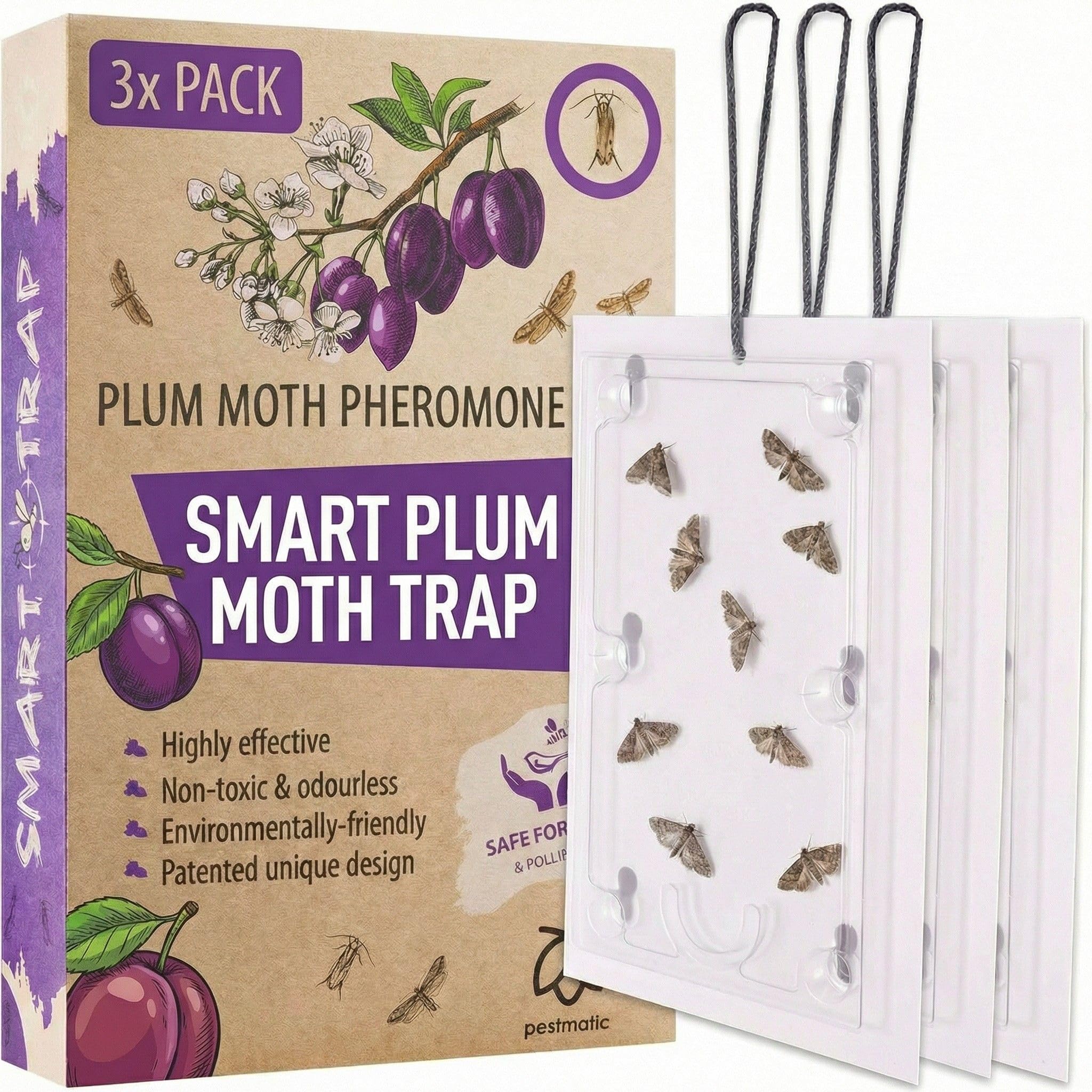 Pestmatic Plum Moth Trap x3, Plum fruit moth monitoring trap, Garden control for fruit trees, Plum pheromone trap that is safe for birds and pollinators, Plum natural protection,Outdoor insect catcher