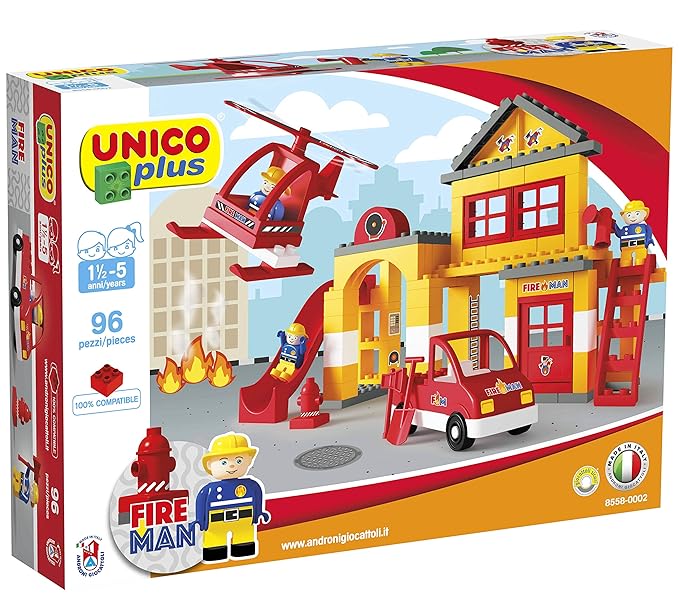 Unico Plus Feuerwehrstation Bausteine Hubschrauber Feuerwehrauto
