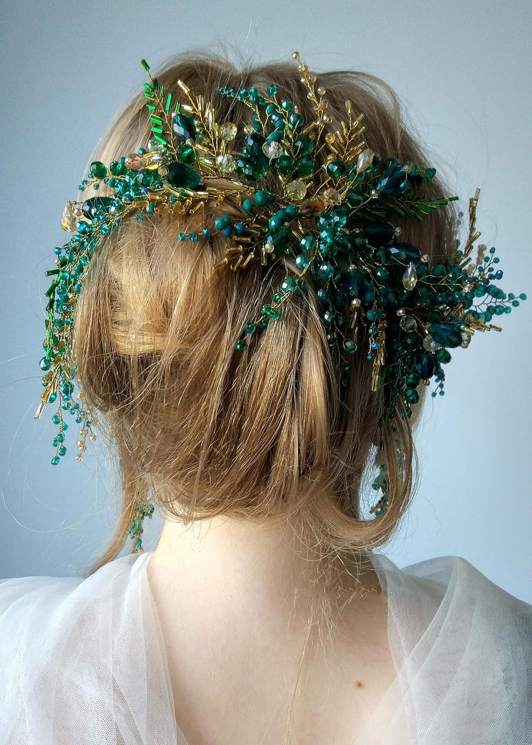 Kercisbeauty Green Beads Headpiece with Earrings Gold Headband for Brides Side Headband Hair Accessories Vintage Wedding Jewelry Handmade - Image 4