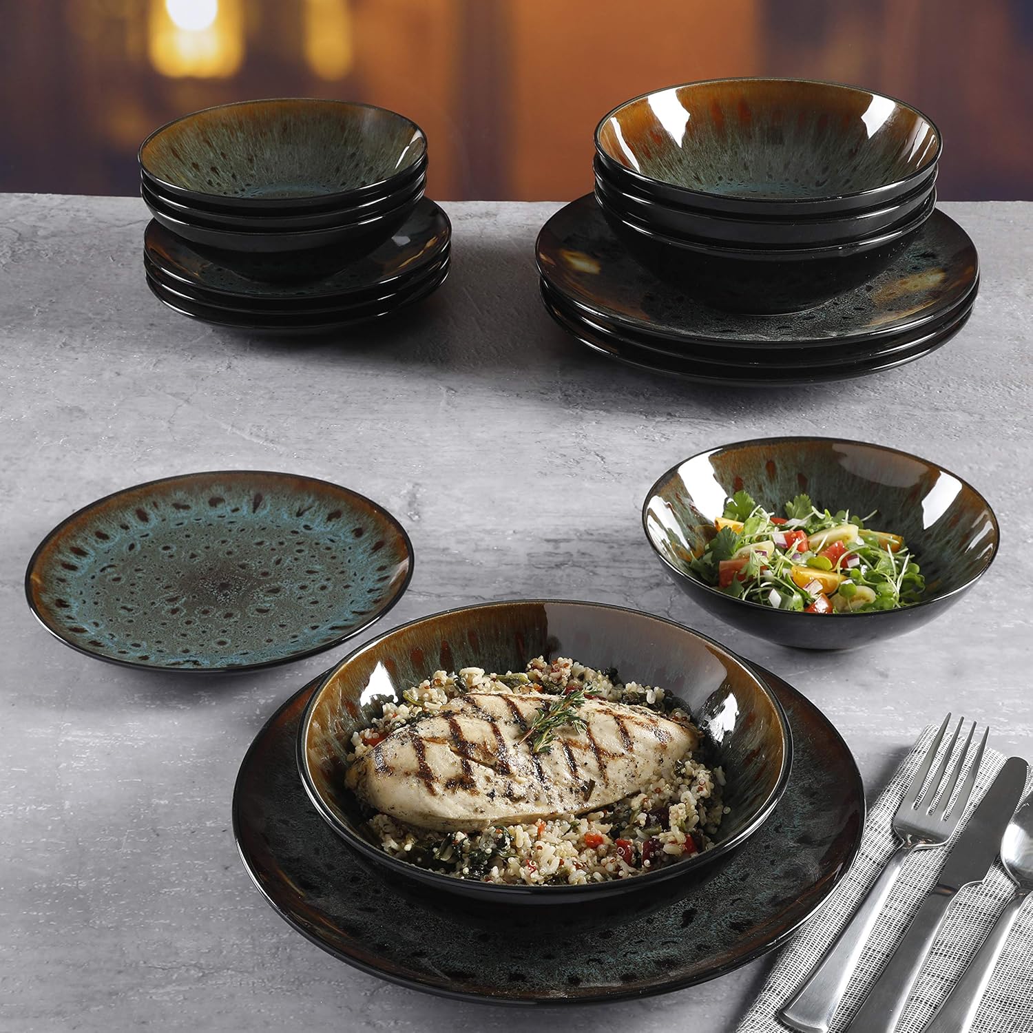 Gibson Elite Kyoto Double Bowl Dinnerware Set, Service for 4 (16pcs), Teal: Kitchen & Dining
