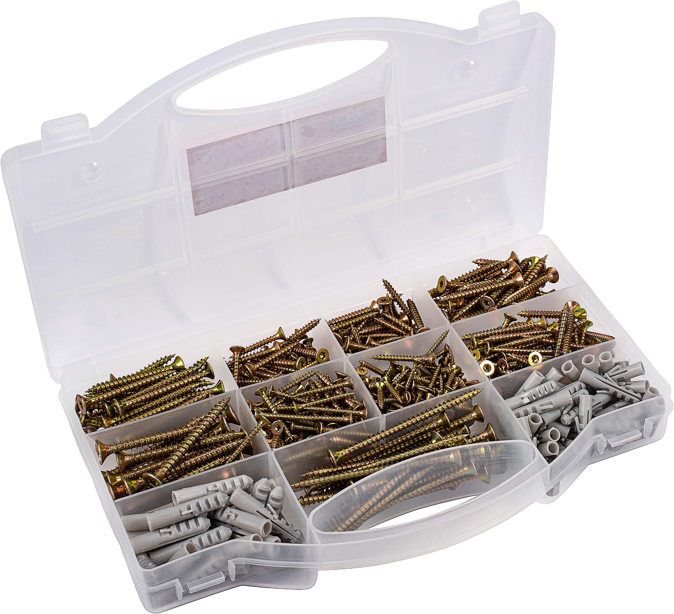 Connex DP8500133 Universal Screw and Dowel Assortment 580 Pieces - Various Sizes - Countersunk Head - TX Drive - Full Thread - Yellow Galvanised/Screw Set with Dowels/Assortment Box /