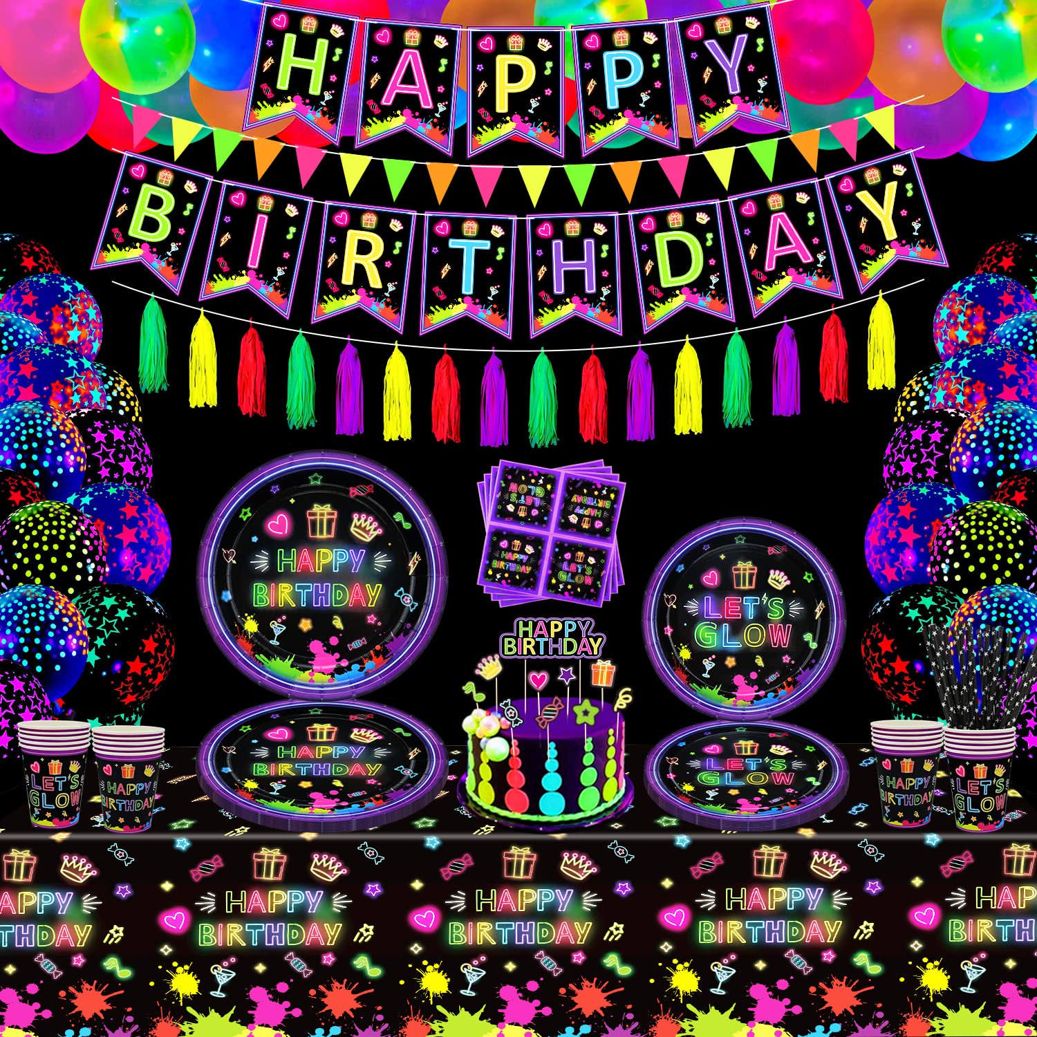 LKITMIUT 187 Pack Glow Neon Party Supplies in The Dark Decorations BlackLight Tableware Set - Plates, Black Light Banners, Fluorescent Balloons, Tablecloth, Tassels, Napkins Serves 20, (Feestplaat-1) — image 1