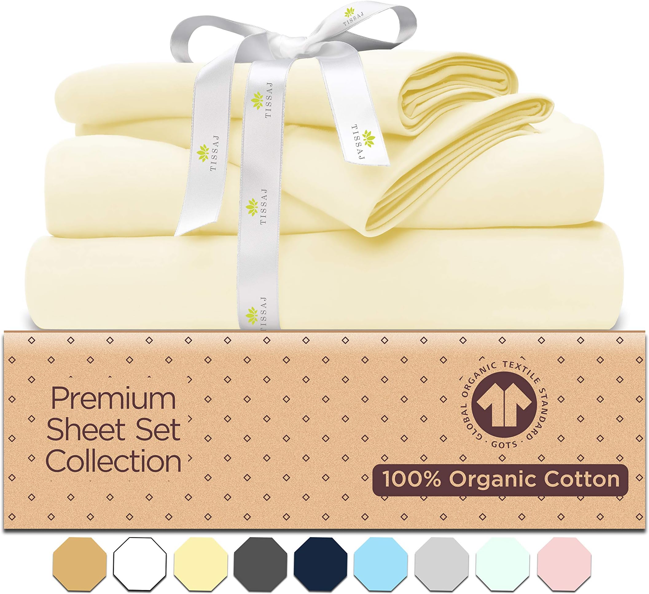 TissajLuxury Collection – 4PC California King Size Sheet Set – 100% GOTS Certified Organic Cotton Sheets – Sateen Weave – Natural Color